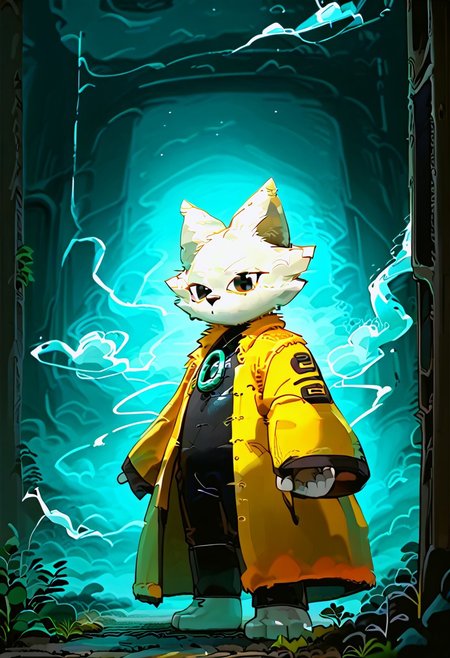 lv1rubili, full body, solo, furry, score_9, score_8_up, look at viewer, male focus, no humans, furry male, flux-style, detailed eyes, yi, yellow coat, coat long sleeves, wide sleeves, robe, haori, body suit, white fur, green ring on chest, animal ears, furry, furry male, black eyes, body fur, no mouths, fangs, flux-scenery
