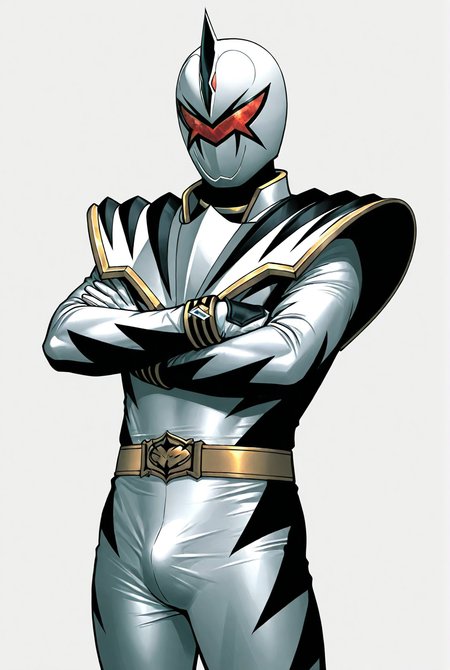 score_9,score_8_up,score_7_up,best quality,ultra-detailed,high resolution,digital painting,8k,1boy,solo,cowboy shot,male focus,detailed face,white bodysuit,helmet,belt,bodysuit,armor,tokusatsu,gloves,mask,d1n0 white,standing,crossed arms,bulge, looking at viewer,simple background,(white background:1.1),<lora:add-detail-xl:1>,<lora:LYDart StyleIlluLYCO:0.2>,ydart,<lora:Dino Ranger White:0.7>,