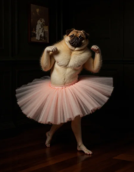 Rembrandt style full body shot of <lora:antr:1>, This is a high-resolution, CGI-rendered photograph of a fluffy, tan and white pug dog dressed in a ballet tutu. The dog is depicted mid-ballet pose, with one paw raised elegantly in the air, and the other firmly planted on the floor. The tutu is a soft, pastel pink, adding a whimsical and playful element to the image. The dog's fur is meticulously detailed, showcasing its fluffy texture and the intricate patterns of its fur, including the distinctive markings on its face., The background features a dark green wall with elegant wainscoting, adding a classic and sophisticated atmosphere to the scene. On the wall to the left, there is a framed photograph of another dog, which adds to the whimsical and humorous theme of the image. The floor is made of polished, dark wooden planks, which contrast with the light colors of the dog and tutu. The overall composition and lighting create a warm and inviting environment, emphasizing the playful and humorous nature of the scene. The image captures the essence of a dog's natural grace and charm, combined with a whimsical, human-like pose and attire, making it a humorous and endearing portrayal.. Whole outfit, clear, sharp, balanced . Baroque, chiaroscuro, realistic, emotional, "flat lighting