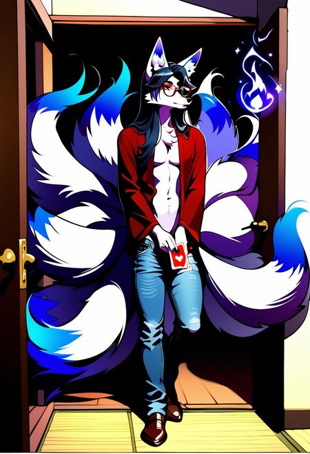 safe_pos, safe_pos, {((1male:2.0)), furry, fox, ((kitsune:2.0)), white fur, long hair, dark hair, blue highlight in hair, fox ears, glasses, nerdy, fox tail, denim jeans, shirtless, thin build, androgynous, shuffling a deck of cards, corruption magic, dark magic, scholar, on college campus, full body render, solo male, solo, }

FurryDalle, cartoon, high quality, Expressiveh