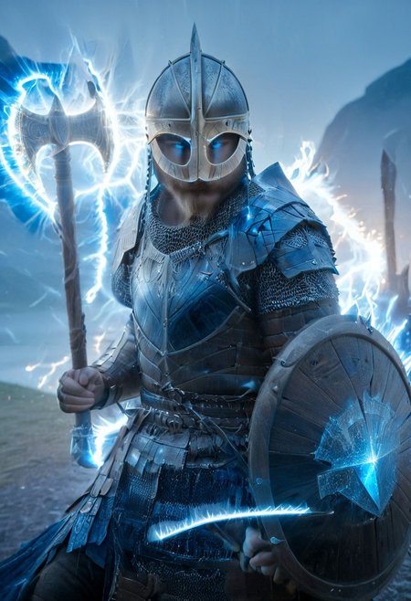 1man, armored Viking warrior in lamellar armor, wearing Viking helmet and lamellar armor, broken glass, reflection, glowing blue lightning, axe and shield, Viking sword, blue flames, shatter, holding sword, glowing sword, motion blur, emphasis line, outdoor in the darkness, looking at viewer,