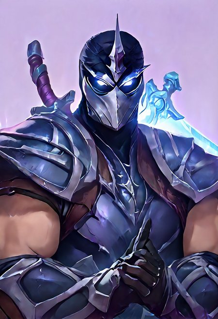 score_9, score_8_up, score_7_up, score_6_up, score_5_up, score_4_up, source_anime,  Shen, solo, looking at viewer, blue eyes, simple background, gloves, 1boy, holding, upper body, weapon, male focus, horns, black gloves, sword, holding weapon, armor, bodysuit, mask, glowing, holding sword, helmet, shoulder armor, gauntlets, glowing eyes, single horn, purple background, breastplate, black bodysuit, white eyes, knight, full armor, black armor, tokusatsu, broad shoulders, muscular, huge pecs, huge traps, shocked expression