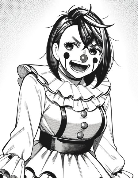 score_9, score_8_up, score_7_up, source_anime, <lora:momo-ayase-manga-ponyxl-lora-nochekaiser:1>, momo ayase, short hair, bangs, thick eyebrows, monochrome, greyscale, medium breasts,, <lora:clown-ponyxl-lora-nochekaiser:1>, clown, makeup, clown nose, facepaint, gloves, long sleeves, frills, dress,, smile, open mouth, smug, , dutch angle, cowboy shot
