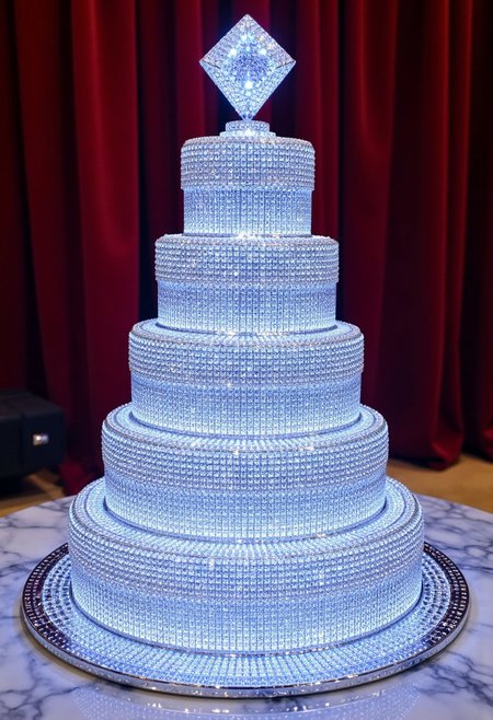 A hyper-realistic cake made entirely of dazzling iced-out diamonds, each facet reflecting light in a brilliant spectrum of colors. The multi-tiered cake has intricate, diamond-studded layers, with sharp, precise edges giving it a sculptural, crystalline appearance. Every made out of ck-iced-out-jewelz, ck-iced-out-jewelz detail is crafted from cut gemstones, forming delicate patterns that shimmer under soft spotlighting. The top of the cake features a large, radiant diamond centerpiece, emitting a radiant glow. The surrounding environment is a luxurious, opulent setting with velvet drapes and polished marble surfaces, creating a stunning contrast with the cake’s sparkling brilliance. Shot from a low-angle, capturing the full grandeur of the design with light refracting off the diamonds, creating a mesmerizing play of reflections and glints.