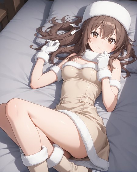 (beige dress fur-trimmed dress fur-trimmed hat fur-trimmed gloves fur-trimmed boots:1.50), 
bof-sally, brown eyes, (brown hair), sidelocks, bangs, hair between eyes, ponytail, white hair ribbon,
medium breasts, 1girl, 
(masterpiece, highres, ultra-detailed,very aesthetic, best quality, absurdres, high quality, highres), 
happy,
lying down,
(feet:1.10), 
BREAK,
,
,
(solo:0.80), (skinny:0.8),
(),
<lora:bof-sally-V02-illXL:0.80>