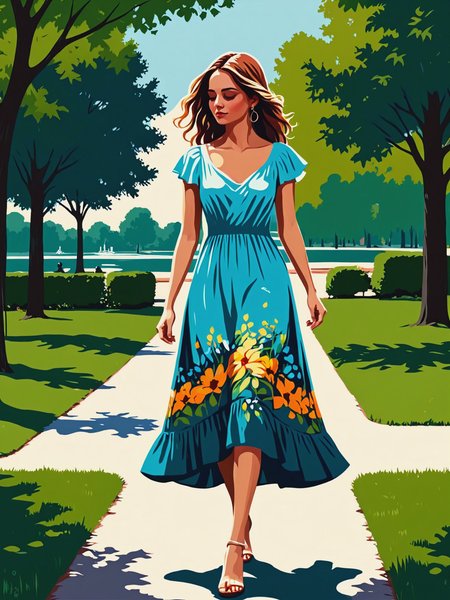 mad-stncl, woman with summer dress walking through park, flat color,  <lora:Stencil_Art_SDXL:1>, (masterpiece:1.2), best quality