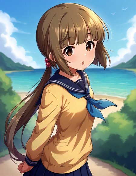 score_9,score_8_up,score_7_up,1girl,solo,cowboy shot,looking at viewer,:o,open mouth,arms at sides,outdoors,
<lora:yoritayoshino_ponyXLV6:0.8>,cgyy,
brown hair,blunt bangs,low ponytail,brown eyes,small breasts,
hair bobbles,yellow serafuku,long sleeves,blue sailor collar,blue neckerchief,pleated blue skirt