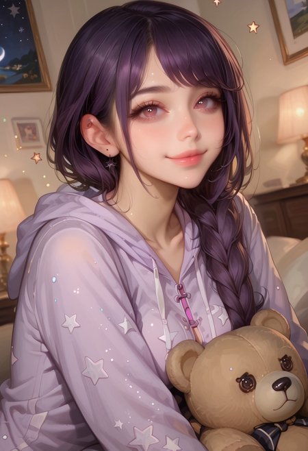 safe_pos, score_9, score_8_up, score_7_up, NSFW, (masterpiece, best quality, high quality, sharp lines, sharpness), (((solo, face focus))), source_anime, volumetric lighting, cinematic background, lewd, sexy, cute, erotic,
BREAK
(((purple hair, long hair, single braid, hair behind ear, swept bangs))), (beautiful detailed face), mature, 20 years old, pale skin, large round breasts, blush, thick eyelashes, (((pink eyes, detailed eyes, perfect eyes))), sexy lips, sharp nose, looking at viewer, closed mouth,
BREAK
(((sitting, on bed, hugging a teddy bear, smiling))),
BREAK
(((onesie with a hoodie, decorated with stars and moons, with a hood))),
BREAK
indoors, night, modern, bedroom, (((tasteful layout, detailed background))), (((dutch angle, upper body, face focus, depth of field))),