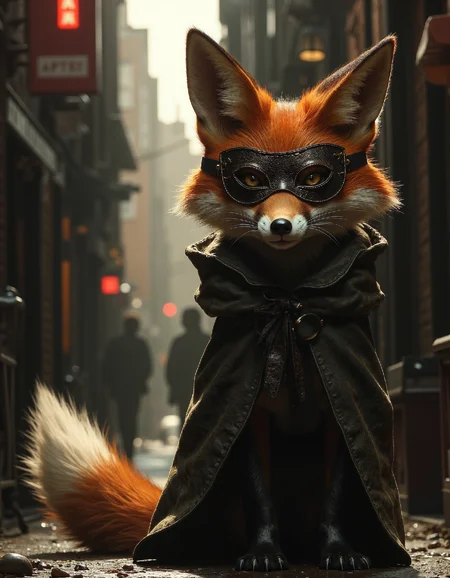 ZooPolis Art. High-contrast photograph depicting a cunning red fox adorned with a bandit mask and cloak, standing slyly on the edge of a narrow alleyway; the fox's bushy tail twitches playfully; dim lighting casts deep shadows enhancing the scene's mystery; behind the fox, a blurred cityscape hints at a larger adventure; textures captured vividly from fur to fabric; composition utilizes negative space effectively; evoking intrigue and charm through detailed portrayal of unexpected character. High contrast ratio, sharp focus on fox's features, dramatic lighting, texture-rich surfaces, creative use of negative space, captivating scene.