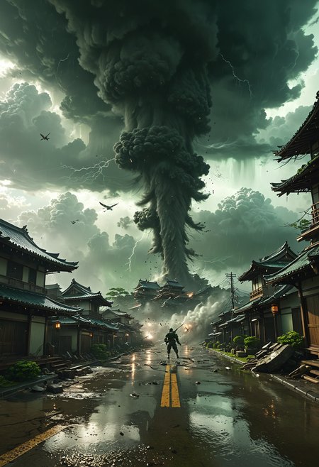 a giant tornado destroying an ancient Japanese town, wet road,   thunder, lightning, epic, powerful, masterpiece, trending on artstation, best quality,  clouds, vortex, green sky, stylized, unreal engine, rtx on, swirling, otherworldly,  destruction, flying debris, eye of the storm, twister,  soldiers in the air, weapons  sucked into the air, intricate, detail, in motion,
OverallDetailXL  <lora:SDXLFaeTastic2400:0.4>  <lora:DetailMaximizer:0.7> detailmaximizer <lora:MJ52:0.3>