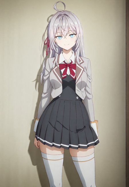 detailed, sinfully stylish, dramatic lighting, long shadows, soft light, contrapposto, anime, 1girl, solo, blue eyes, grey hair, ahoge, school uniform, dark grey pleated dress, grey jacket, white thighhighs, hair ribbon, staring at viewer, smiling, wide hips, standing