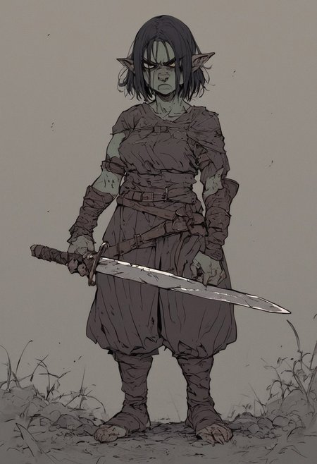 Score_9, score_8, score_7_up, solo,
Goblin, female, ugly, angry, swords, carrying two swords, flat color, dark theme, green,