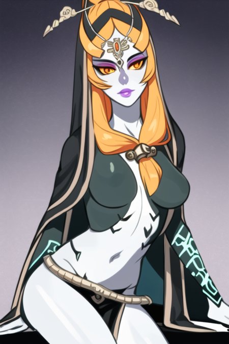 masterpiece, best quality, portrait of midna, full body, pelvic curtain, legs, slim, 1girl, breasts, colored sclera, blue skin, forehead jewel, front ponytail, grey skin, large breasts, lips, long hair, looking at viewer, midna, orange hair, solo, upper body, yellow sclera, intricate hair, official art