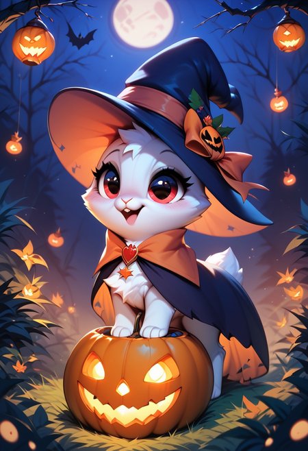 score_9, score_8_up, score_7_up, (masterpiece), best quality, expressive eyes, perfect face, feral bunny, adult, wearing a witch hat, cute bunny, spooky, Halloween, night, forest