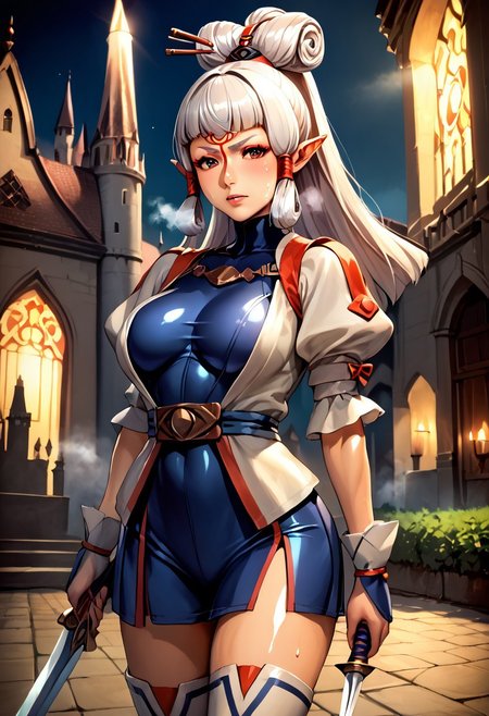 score_9, score_8_up, score_7_up, source_anime, , (best quality) , (highly detailed) , (best quality) , (highly detailed) ,((masterpiece)), ((best quality)), (ultra-detailed), ((extremely detailed)), (high resolution), 4K, (8K), best quality, (beautiful), (dynamic lighting), (super detailed skin), sharp focus, (1_girl, solo focus), shiny skin, masterpiece ,absurdres ,detailed face ,beautiful face , paya, elf ears, pointy ears, high ponytail, hair ribbon, White Hair
  gloves, puffy sleeves, belt, breastplate, armor, dress, thigh boots, frills, bodysuit, serious, Narrow shoulders, heavy breathing, sweat, steaming body, castle, outdoor, looking at viewer, holding sword, rapier