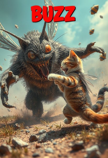 cat fighting against a 'BUZZ' monster. Epic battle.