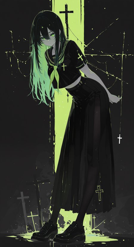 masterpiece, best quality, good quality, very awa, newest, highres, absurdres, 1girl, solo, long hair, looking at viewer, shirt, skirt, black hair, hair between eyes, green eyes, school uniform, full body, short sleeves, pantyhose, green hair, shoes, serafuku, midriff, black skirt, black footwear, black shirt, black pantyhose, leaning forward, cross, long skirt, black serafuku, limited palette, h4ra_illu <lora:illustriousXL_stabilizer_v1.23:0.3> <lora:NOOB_vp1_detailer_by_volnovik_v1:0.3> <lora:ponyv6_noobE11_2_adamW-000017:0.3> <lora:114558v4df2fsdf5:0.6> <lora:XXX667:0.4> <lora:mon_monmon2133:0.5> <lora:hara_id_21:0.6>