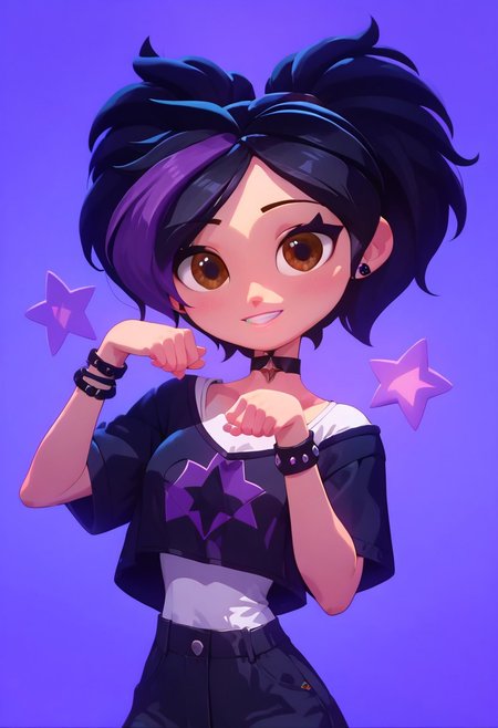 score_9, score_8_up, score_7_up, 1 girls, Kira, mangamaster artstyle , looking at viewer, detailed eyes, chocker, hot woman, petite body, brown eyes, two-tone purple and black hair,  bracelets, thin eyebrows,  cute pose, white t-shirt, black jacket,,purple  star symbol