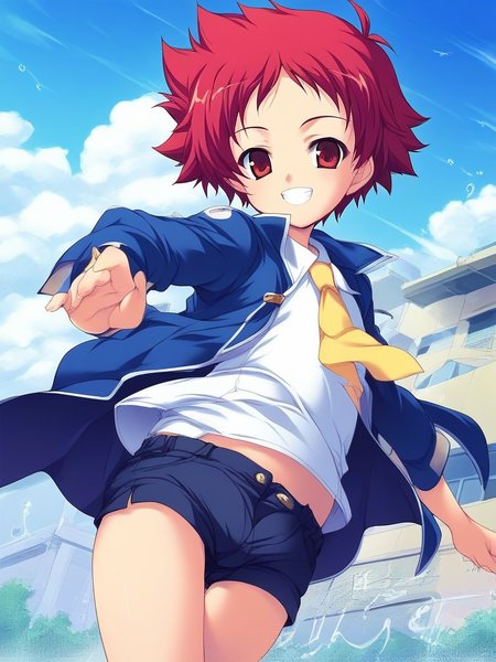 score_9, score_8_up, score_7_up, source_anime, rating_explicit, BREAK  <lora:Tsurumi_Tsubasa_Ver2.0_XL:1> TsurumiTsubasa, 1boy, solo, short hair, red hair, red eyes, 
shorts, Yellow necktie,
outdoor, day, sky,
smile,
looking at viewer, 
cowboy_Shot,