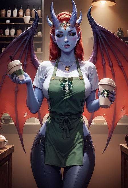 score_9, score_8_up, score_8, 1girl, detailed, high definition, perfect quality, blue skin, red iris, black eyes, red hair, demon horns, demon wings, seductive, posing, natural breasts, thigh gap, coffee shop, starbucks, shirt, black pants, green apron, holding coffee tray with drinks, serving table