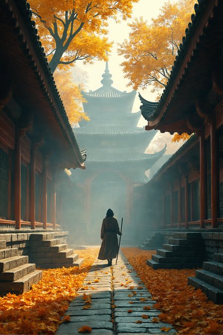 A mysterious autumn scene in an ancient Asian temple, misty atmosphere with shafts of light. A lone figure with a staff walks away down a stone path lined with ornate temple structures. Golden autumn leaves falling, creating a ethereal mood. Cinematic lighting, detailed architecture, photorealistic style.