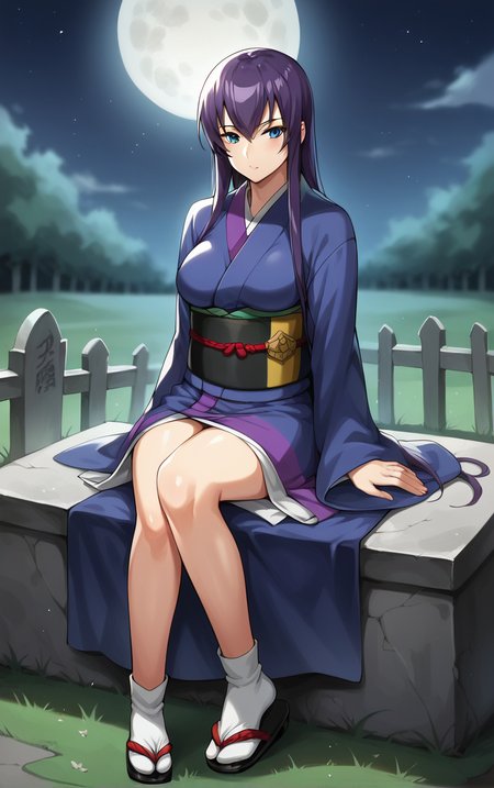score_9, score_8_up, score_7_up, looking at viewer,  BREAK
Kimono_SaekoBusujima_ownwaifu, 
1girl, blue eyes, hair between eyes, long hair, purple hair, very long hair, large breasts, bangs, sidelocks, 
japanese clothes, kimono, sash, obi, long sleeves, tabi, wide sleeves,
(sitting, full moon), graveyard, grave, tombstone, moonlight, <lora:PONYXL_HighschoolOfTheDead_SaekoBusujima_ownwaifuV1:0.8> , depth of field, solo,