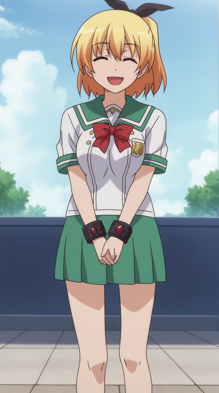 score_9, score_8_up, score_7_up,anime_source, source_anime, best background, detailed background, anime screencap, 4k, upscale,  Iria Fukumune, School Uniform, solo, smile, open mouth, standing, closed eyes, :d, sky, cloud, ^ ^, own hands together, facing viewer, v arms  <lora:JN_Iria_Fukumune_Pony:0.8>