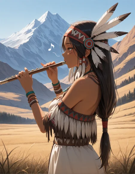 masterpiece, best quality, amazing quality,  native american, outdoors, general, mountain, sprint, playing flute,music, musical note,