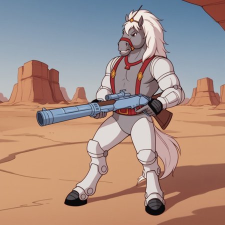 score_9, score_8_up, score_7_up, score_6_up, score_5_up, score_4_up, source_furry, thirty/thirtyBs, anthro, male, horse, grey fur, white hair, robotic limbs, red harness, desert, standing, holding, gun, blunderbuss, aiming gun