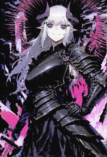 1girl, bags under eyes, armor, black background, black sclera, breastplate, closed mouth, cowboy shot, sunburst, demon horns, gauntlets, hair ornament, hand on hip, holding, holding weapon, horns, long hair, looking at viewer, pauldrons, pointy ears, purple eyes, shoulder armor, smile, solo, sword, weapon, white hair, 
glitch, abstract, abstract background,
masterpiece, best quality, amazing quality, absurdres, newest, 
<lora:hitboxsamurai:1>