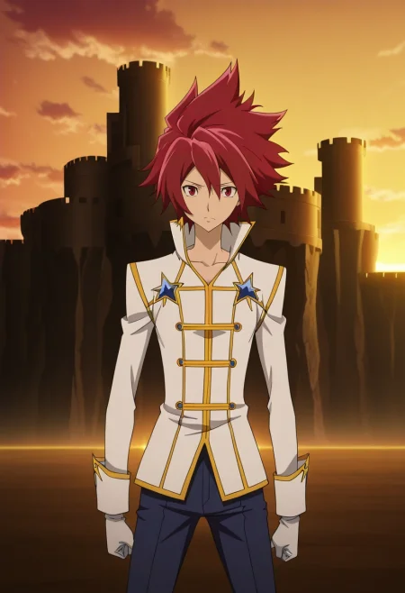 masterpiece, best quality, anime screencap, official style, anime coloring, cowboy shot, 1boy, solo, male focus, <lora:takuto_tsunashi_ilxl:0.94>, takuto_tsunashi, red hair, red eyes, spiked hair, bangs, , sky fortress, floating citadel, cloud shields, wind generators, guarding pose, resolute expression, dawn light,