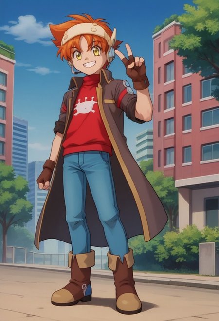 score_9, score_7_up, source_anime, 

kanipa, 1boy, male focus, solo, yellow eyes, orange hair, short hair, headset, sweater, red sweater, turtleneck, jacket, collared jacket, brown jacket, long sleeves, sleeves rolled up, gloves, fingerless gloves, brown gloves, jeans, boots, ankle boots, brown footwear, smile, grin, v sign,

outdoor, sky, tree, building,