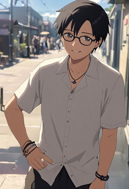 Highres, Masterpiece, High Quality, 4K, 8K, solo, 1Boy, Takaki Toono, adult, black hair, short hair, sunny, cloudy, posing, candid, sweet smile, photo model, earrings, necklace, bracelet, anklet, ring, fake glasses, easynegative, detailed_eye_model