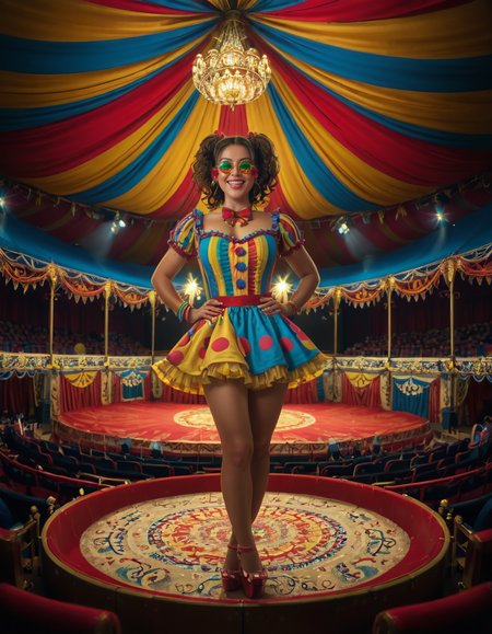 focus on woman face,rating_safe,A vibrant and colorful scene inside a grand circus tent,grand c1rcus, featuring a woman dressed as a whimsical clown. She is wearing an elaborate costume with a mix of bold patternsâred and white stripes, polka dots, and bright yellow accents. Her hair is styled in playful, oversized curls, dyed in shades of blue and pink. She is standing center stage, under a spotlight that casts a warm glow, making her sequined outfit sparkle. Her pose is dynamic and engaging, as if she is about to perform a trick or joke, with a wide, inviting smile. The background showcases the lively atmosphere of the circus, with colorful banners, a large audience in shadowy rows, and hints of other performers or props like juggling pins or unicycles. The overall lighting is bright and cheerful, emphasizing the magical, festive mood of the circus.<lora:SDXLFaeTastic2400:0.4> <lora:extremely_detailed:0.4> extremely detailed, <lora:grand_c1rcus:1>, Masterpiece,best quality,hi res,8k,hi res,8k,award winning,(sharp focus, intricate, highly detailed),