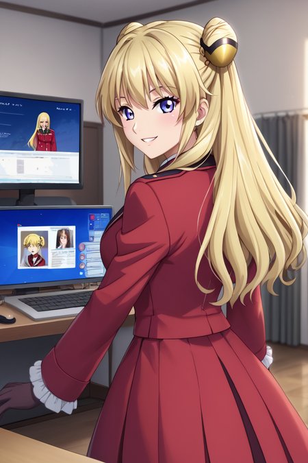 <lora:leila_malcal_CGA_pony:0.7>leila malcal, hair accessories, winter military uniform, 1girl, long hair, blue eyes, blonde hair, hair ornament, gloves, dress, school uniform, purple eyes, hair bun, double bun, standing, computer room, indoor, monitoring room,  looking at viewer, red coat, cheerful, smile, anime coloring, frill sleeves, contrapposto,