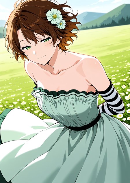<lora:Caria_Rede__The_Beginning_After_the_End___Illustrious:1>
1 girl, solo, short hair, messy hair, wavy brown hair, green eyes, athletic body, 
flower hair accessory, elegant mint green strapless dress with black and white layered accents, striped black and white detached sleeves
score_9, score_8_up, score_7_up, very aesthetic, source_anime, detailed, high quality, beautiful, masterpiece, detailed eyes, field, blurry background, pose dynamic angle, upper body, cowboy shot, light smile, floating hair, half-closed eyes, hands behind back, leaning forward, looking forward, looking at viewer