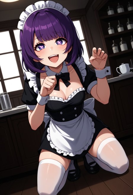 score_9, score_8_up, score_7_up, score_6_up, (1girl ), (solo:1.9 )
BREAK
1girl: kasumi kominami ,<lora:kasumi kominami-v:1>,((small hair)), tiny woman,purple eyes, purple hair,(((( open eyes:1.6, round eyes:1.5,round pupils)))),(small breasts)  
BREAK
inside, maid cafe, cups, on his knees, facing the viewer, seen from above, (cat pose), aheago
BREAK
, cleavage, apron, wrist cuffs, sexy black maid, maid headdress, enmaided, smug, White stockings, waitress slippers,pose sexy
BREAK
, front view, low angle, focus on the foot, ,sexy pose,
BREAK
lust, hearts in the pupils, euphoria