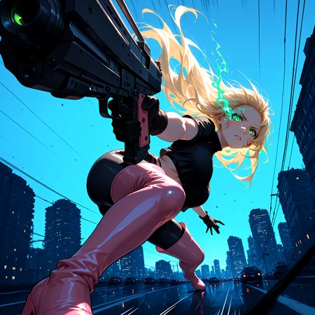 smooth quality, HDR, 8K, masterpiece, best quality, amazing quality, very aesthetic, absurdres, newest, (scenery, volumetric lighting), simple background, depth of field, from below, cityscape, looking at viewer, 1girl, mature female, blonde hair, long hair,  green eyes, eye trail, flaming eye, scar on cheek,  black crop top, black leggings, black gloves, pink footwear, thigh boots, holding gun, aiming at viewer, dynamic pose, speed lines, sliding,  masterpiece, best quality, amazing quality, very aesthetic, absurdres, newest, (scenery, volumetric lighting),depth of field, <lora:LeIsT0_style:0.8>, LeIsT0_illu <lora:add-detail-xl:1.5>