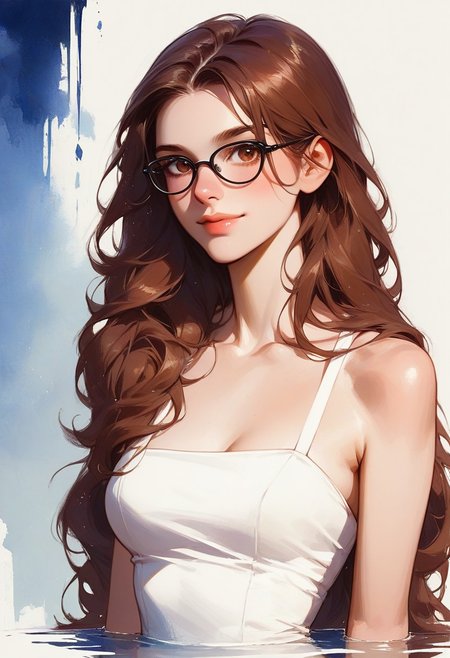 score_9, score_8_up, score_7_up, score_6_up, source_cartoon, 1girl, female, solo, femenine, petite, lean, pale skin, thick nerdy glasses, eyelids brown, brown eyes, soaking wet hair, long hair, brown hair, smile, diaphonous white dress, medium breasts, female focus, official style, close up, perfect anatomy, perfect face, standing,  abstract beauty, beautiful, centered, looking at the camera, approaching perfection, dynamic, moonlight, highly detailed, watercolor painting, artstation, concept art, smooth, sharp focus, illustration, portrait