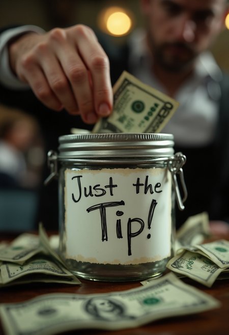 cinematic film still The image depicts a scene set around a tip jar, with a hand placing a US $100 bill into it. The jar's label is written in cursive script that reads "Just the tip!", accompanied by a playful wink face underneath. The focus of the image is on the hand and the money being inserted into the jar.
Composition: The tip jar is positioned in the center of the image, drawing the viewer's attention. The hand placing the bill into the jar creates a dynamic sense of movement. The background is blurred, further emphasizing the jar as the main subject.
Lighting: The lighting is diffused and even, providing a neutral tone that highlights the colors within the scene.
Mood: The mood of the image is light-hearted and humorous, evoking a feeling of amusement from the viewer.
Color Palette: The dominant colors are muted, but the vibrant green of the dollar bill stands out against them. This contrast adds to the overall impact of the image.
Subject Matter: The main subject matter revolves around tipping or showing appreciation for a service by donating money.
Artistic Style: The artistic style is realistic, focusing on accurate representation of the scene and its objects rather than abstraction or distortion.
Camera Angles: A low angle is used to capture the hand placing the bill into the jar, giving a sense of height and dominance to the subject.
Depth of Field: There is a shallow depth of field that brings the tip jar into sharp focus while blurring the background. This effect further emphasizes the central object in the image.
 . shallow depth of field, vignette, highly detailed, high budget, bokeh, cinemascope, moody, epic, gorgeous, film grain, grainy