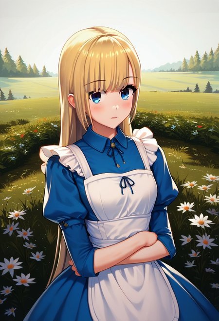 score_9, score_8_up, score_7_up, 1girl, A young woman, with blue eyes and blonde hair, wears a blue dress with a white apron in an alice in wonderland style,  She is in a serene environment, with a natural landscape in the background.4y4ne