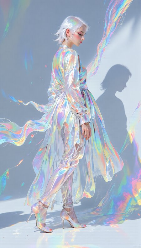 Abstract Fantasy,pscho_4rt,mythp0rt, A photo-realistic shoot from a profile camera angle about a woman in a sheer, iridescent dress with a high-low hem and long sleeves, standing in a dynamic pose with her back to the camera. the woman, who appears to be in her mid-twenties, has short, platinum blonde hair tied up in a single hair bun, and is wearing white high heels. she is facing away from the viewer, with her eyes closed and a serene expression on her face. the background is a gradient of light blue and white, with a soft, ethereal glow emanating from the right side of the image. the lighting creates a dreamy atmosphere with a rainbow effect, and the woman's dress is transparent, with long sleeves and a high low hem. the image has a high resolution and a watermark in the bottom right corner.  1girl, solo, long hair, dress, closed mouth, standing, white hair, full body, ponytail, multicolored, high heels, blurry, puffy sleeves, white dress, blurry background, high-waist dress, shadow  camera_angle: profile, art_style: photo realistic, location: NA, background: a gradient background with soft lighting and a shadow, text: NA;NA, shoes: white heels, clothing: transparent dress with ruffled hem, accessory: NA: NA/NA, hair_color: platinum blonde, distance_to_camera: full body;full body, action: standing, facing_direction: facing away;facing away, facial_expression: serene;NA
