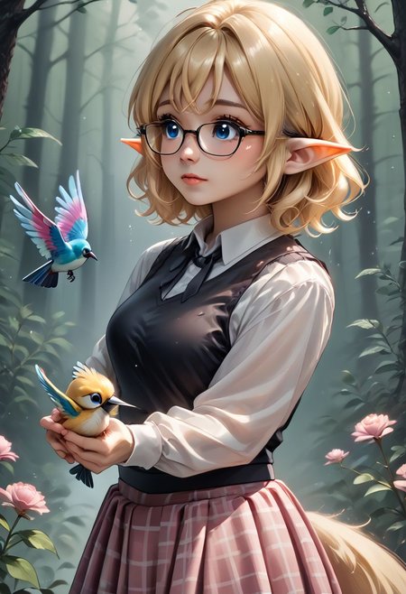 anime art. girl with blonde medium hair, cute blue eyes, pointy ears, glasses, small boobs, pink plaid skirt, fluffy tail, colorfull rain forest, holding hummingbird