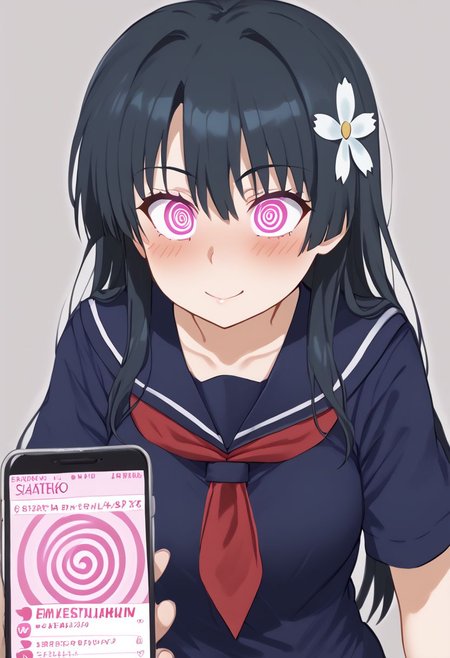 Saten hypnotized by a phone,
score_9, source anime, lewd, 1girl,
mind control, hypnotized, lovestruck expression, hypnosis app, phone,
stripping, pulling down clothes,
saten ruiko, hair flower, serafuku, red neckerchief