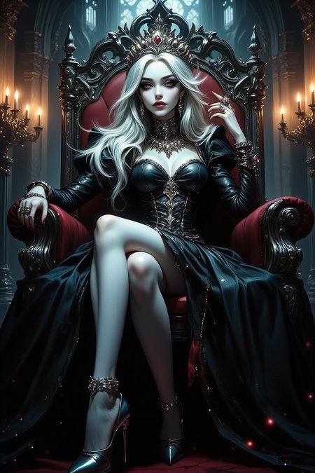 A regal vampire queen sits majestically on her ornate throne within a grand, gothic palace. Her long, silver hair cascades down her shoulders, glinting in the dim light, while her cold, piercing gaze reflects her authority and power. She has her legs elegantly crossed, adorned with luxurious accessoriesâan intricate necklace, dazzling earrings, bracelets, and several rings, each reflecting her royal status. Her lips are parted, revealing sharp, gleaming fangs. The viewerâs perspective is from the ground, looking upwards at her, emphasizing her imposing and commanding presence. The throne room is shrouded in shadows with flickering candlelight, creating an atmosphere of dark majesty. The scene is rendered in high contrast, with vibrant colors and ultra-detailed textures, capturing every nuance of the queen's high-class attire and the rich details of the gothic architecture surrounding her. The entire composition exudes an air of supernatural elegance and menace, with surreal lighting and a hyper-realistic style.
<lora:Midjourney_-_SemiReal_Dreams_FLUX_LoRA:0.85>
<lora:Dever_Flux_Enhancer:0.5>
<lora:DnDDarkestFantasy:0.6> ArsMJStyle, dnddarkestfantasy