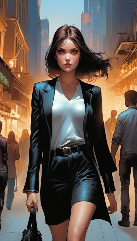 Woman walking thorough the city, cityscape, crowd, cinematic scene, hero view, extremely beautiful piercing eyes, scenery, detailed background, masterpiece, best quality, high quality, highres, absurdres, very detailed, high resolution, sharp, sharp image, 8k, vivid, colorful, Mike Deodato <lora:mike_deodato_xl_v1:1>