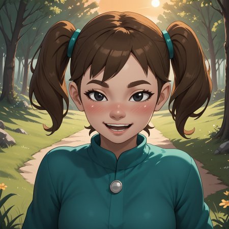 score_9, score_8, BREAK, solo, Mii, Wii, Black Eyes, Half circle eyebrows, big nose, half circle nose, blush, white skin, open mouth, green-ish brown hair, twintails, dark green clothing, 1girl, female mii, Wii Sports Resort, black pants, shoes, cute, medium breasts, Midori_(\Wii_Sports_Resort\), teeth, Nintendo Mii, modern_mii, classic_mii, sexy pose, self portrait, smile, outdoors, sunlight, shadows, evening lighting, natural lighting, forest, trees, grass, orange sky, sunset