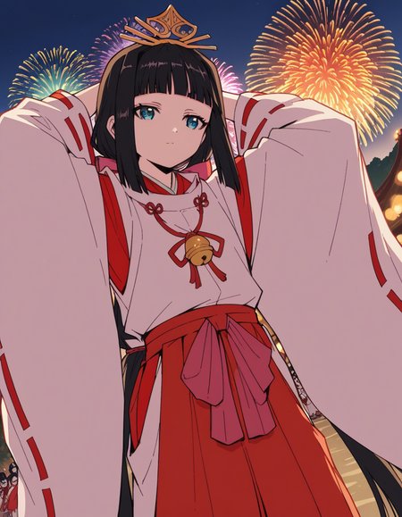 score_9, score_8_up, score_7_up, source_anime, <lora:nigewaka-shizuku-s1-ponyxl-lora-nochekaiser:1>, shizuku, long hair, bangs, blue eyes, black hair, blunt bangs,, japanese clothes, bell, miko, skirt, long sleeves, ribbon, wide sleeves, red ribbon, ribbon trim, hakama, hakama skirt, jingle bell, ribbon-trimmed sleeves, miko, red hakama,, festival, fireworks, summer night, food stall, traditional, arms up,, , , hands behind head,, solo,, cowboy shot, dutch angle