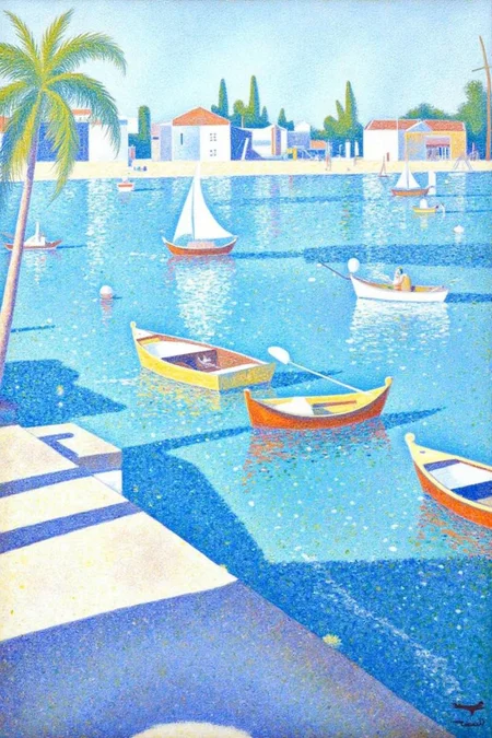 geoseu1 pointillist painting.
A vibrant blue body of water with a row of boats floating on it. The boats are painted in a variety of colors, including yellow, orange, and blue, creating a striking contrast against the backdrop of the scene. To the left of the boats, a concrete walkway extends into the water, adding a touch of depth to the composition. In the distance, a palm tree casts a shadow on the water's surface. The buildings in the background appear to be painted in shades of blue, white, and orange.  <lora:geoseu1_cap_d6a3e12:1.0><lora:821039164200993063:0>