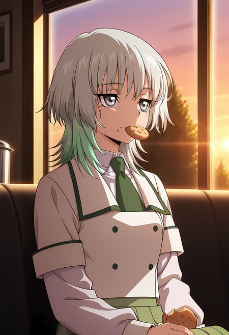 masterpiece,best quality,amazing quality,

1girl, solo,

Suzune Rokuoin (Cardfight Vanguard), green hair, grey hair, multicolored hair, medium hair, grey eyes,

white jacket, white shirt, collared shirt, buttons, green necktie, green skirt, short over long sleeves, layered sleeves, pleated skirt, long skirt, 

Eating cookies, 

cinematic, upper body,

Sit, sitting, cafe, afternoon, sunset, 

Lens flare, bloom,

Official style, anime screencap, anime coloring,
















